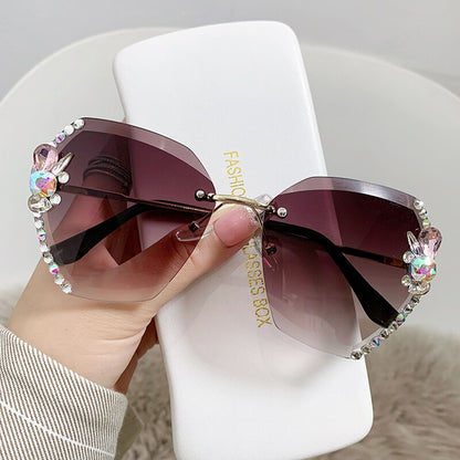 2022 High Quality Rimless Square Diamond Sunglasses Women Brand Designer Vintage Shades Female Pink Eyewear Gafas De Sol