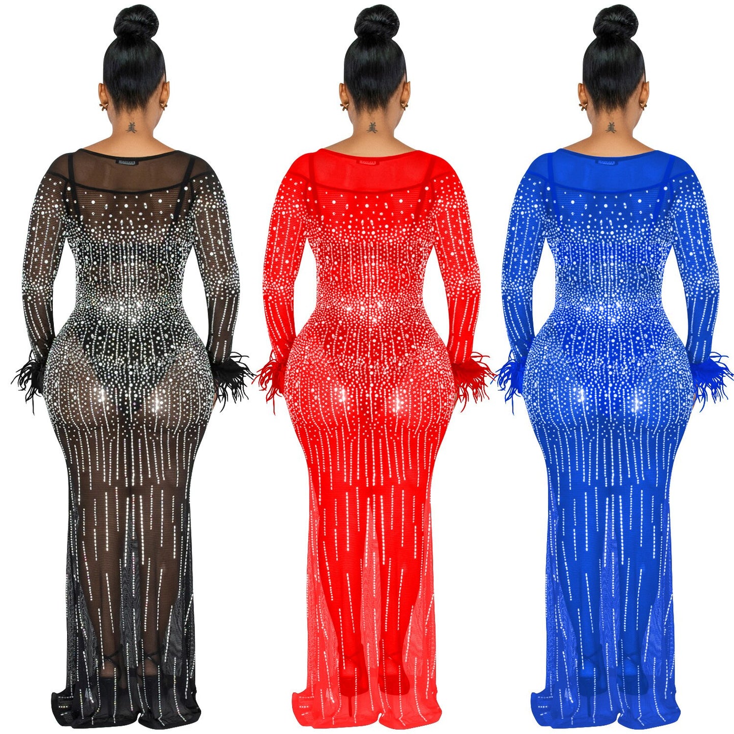 Zoctuo Birthday Dress For Women Elegant Dresses Glitter Rhinestone Mesh See Through Floor Length Maxi Party Club Street Outfits