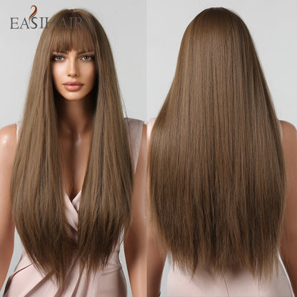 EASIHAIR Long Straight Synthetic Wigs for Women Ombre Brown Golden Blonde Middle Part Heat Resistant Cosplay Wig Natural Hair