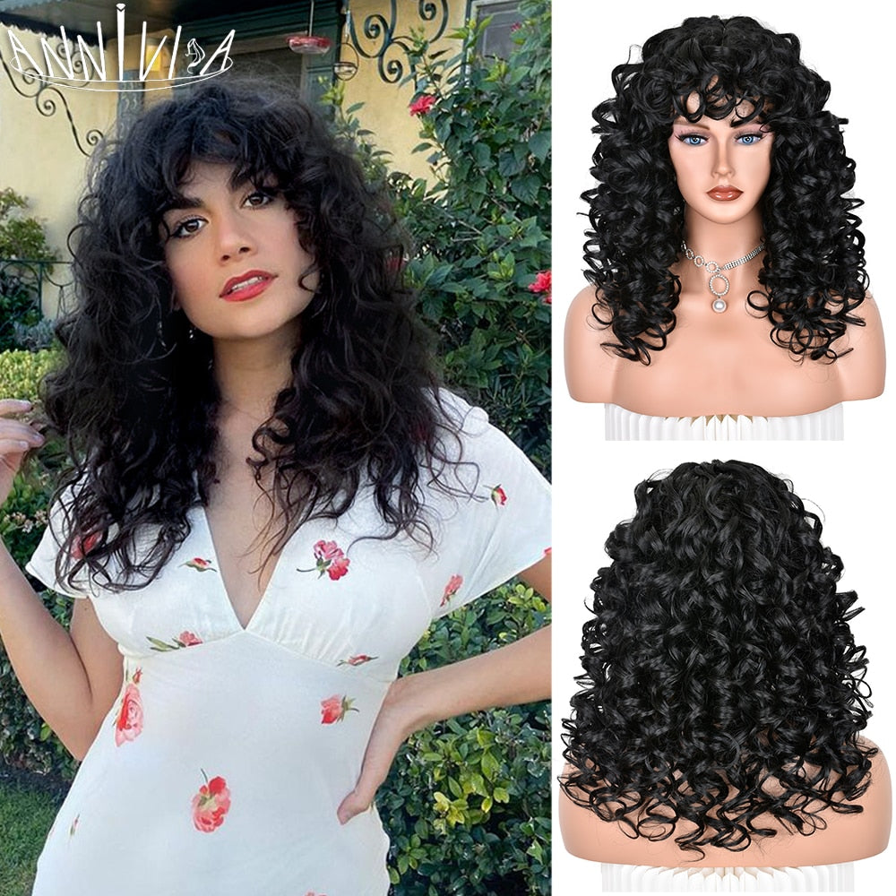 Black Curly Wig With Bangs Long Curly Afro Wigs for Women Synthetic Fiber Glueless Hair for Daily Use Party Halloween Cosplay