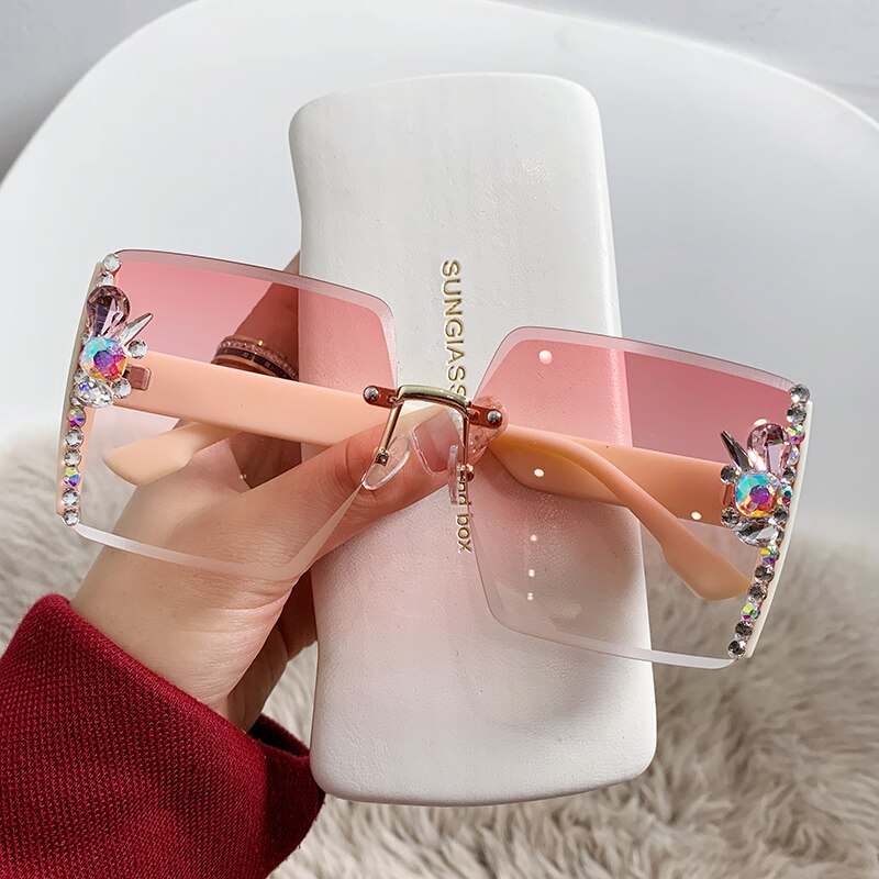 2022 High Quality Rimless Square Diamond Sunglasses Women Brand Designer Vintage Shades Female Pink Eyewear Gafas De Sol