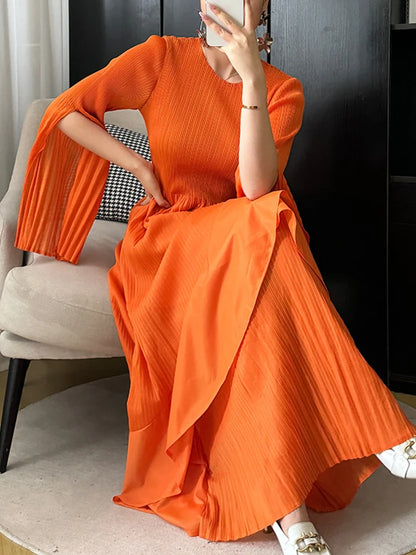 LANMREM Designer Pleated Long Dress For Women Sleeve Split Irregular Ruffles Solid Party Dresses Elegant 2024 Spring New 2DA4611