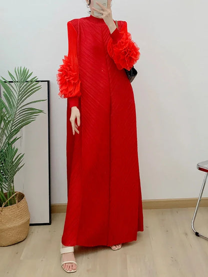 ANLAN Miyake Pleated Maxi Long Dress Mesh Petal Sleeve Half Turtleneck Formal Dresses for Women 2024 New Hot Sales 6KK9927