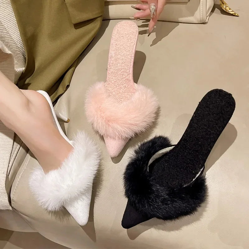 Fluffy Slippers Women Sexy High Heels Mules Shoes 2024 Winter Dress Flip Flops Pointed Toe Slingback Sandals Pumps Femme Slides