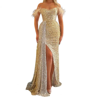 Popular Sexy Dress Waist Tight Slim Fit Backless Long Evening Gowns Female Golden Sequins Maxi Dress