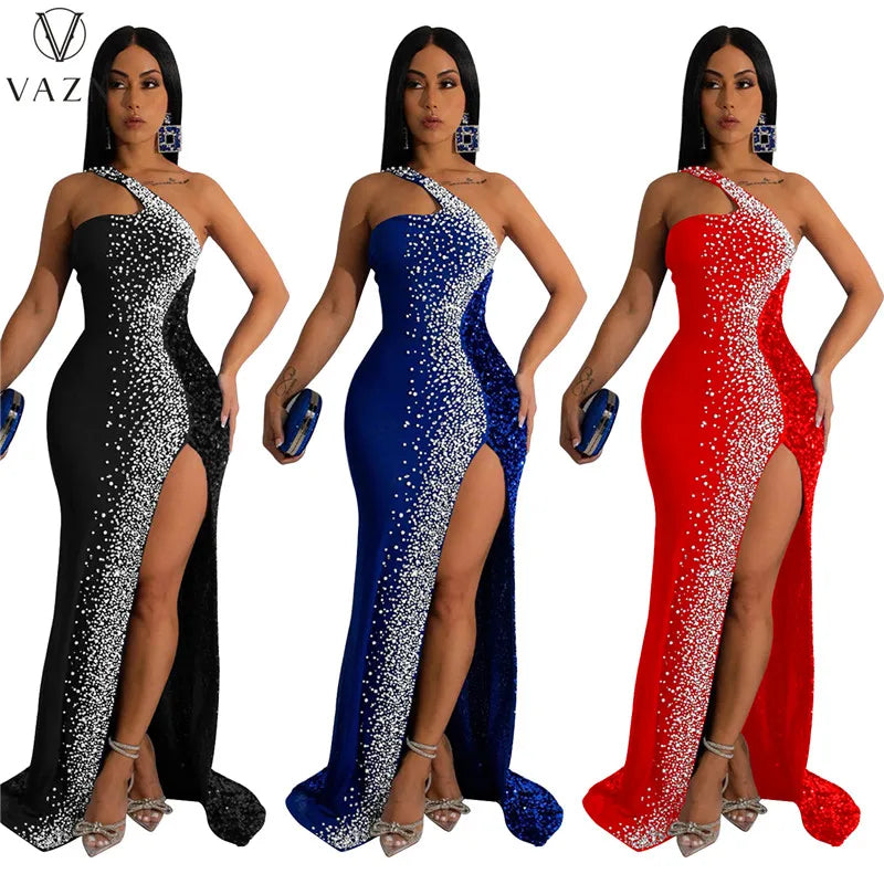 VAZN 2023 One Shoulder Lady Long Dresses Hot Sale Sleeveless Pure Color Dress Sexy Club Party Style Women Floor Length Dress