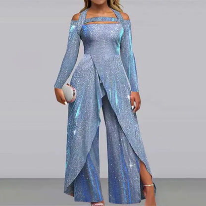 2023 New Fashion Sexy Sequin Long Dress with Diagonal Flap Mid Waist Temperament Commuter Jumpsuit