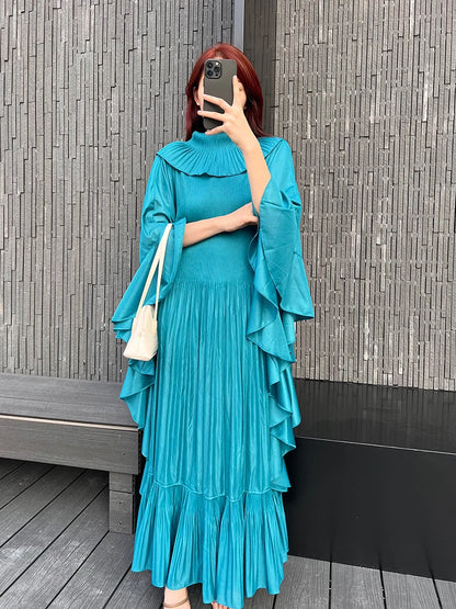 Miyake Pleated Spring Women's Long Irregular Dress Loose and Slim Solid Color Heavy Work Pleated Western Style Women's Dress