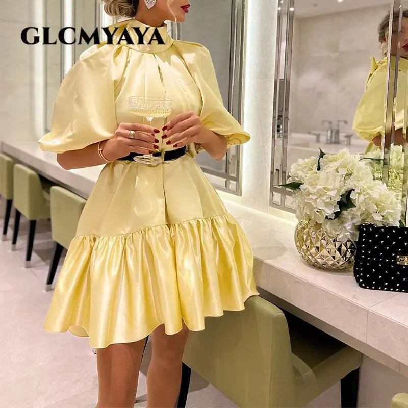 GLCMYAYA Women Ruffles Hem Big Swing Stand Collar Bowknot Hem Lantern Half Sleeve Satin Dress Vestidos 2023 New