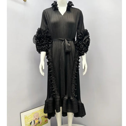 Miyake Clothing Black Fungus Edge Pleated Dress with Light Mature Style Three-dimensional Flowers Solid Color Large Skirt Women