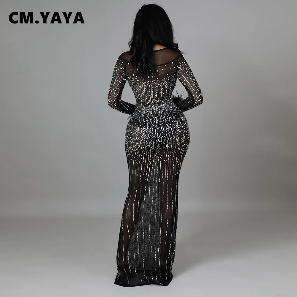 CM.YAYA Women Diamonds Hot Drill Mesh See Though Feather Long Sleeve Mermaid Maxi Dress Sexy Night Party Dresses Winter Spring