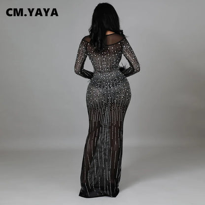 CM.YAYA Women Diamonds Hot Drill Mesh See Though Feather Long Sleeve Mermaid Maxi Dress Sexy Night Party Dresses Winter Spring