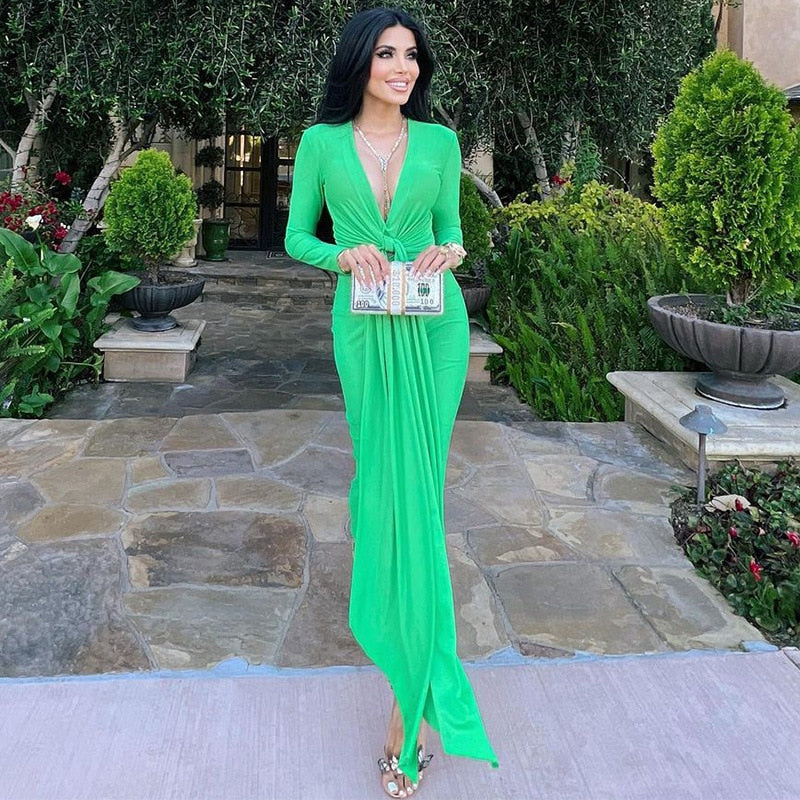 New Fashion Chic And Elegant Lady Dress 2022 Summer Women Solid Outfits With Long Sleeve Tie Slim Evening Party Green Clothing