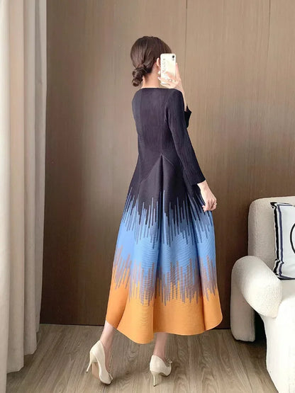 EGRM Pleated Printed Dress For Women 2024 New Round Neck Contrast Color Fold Sticthing Female A-line Evening Dresses 2RM4163