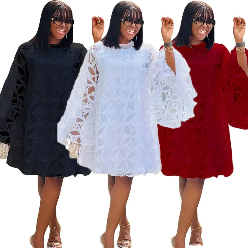 2024 African Evening Dresses For Plus Size Lace Hollow Out Women Dashiki Ankara African Clothing Robe Femme Kaftan Evening Dress