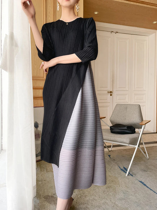 Miyake Pleated Irregular Dress Fall 2022 Winter Korean Style Color Patchwork Loose Oversize Long Dresses Designer Women Clothes