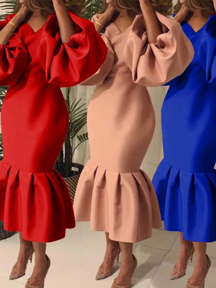 Women Party Dress V Neck Long Puff Sleeves Bodycon Sexy Event Occasion African Female Fashion Autumn Spring Robes Vestidos New