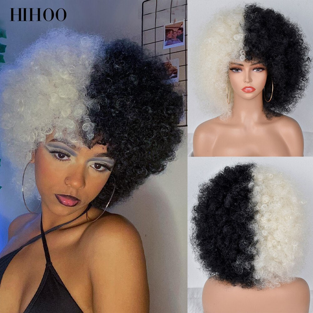 Halloween Wig Short Black Hair Cosplay Afro Kinky Curly Wig With Bangs Women's Wigs Blonde Wig Pink Synthetic Wig Blue Red Brown