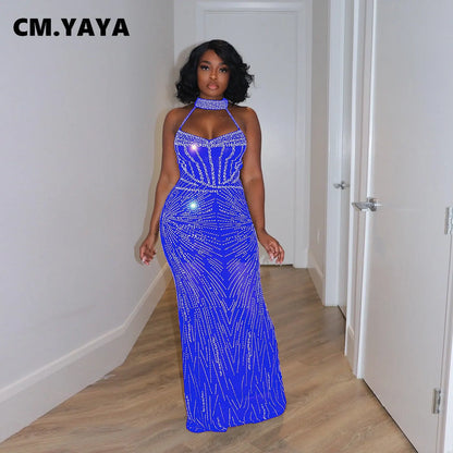 CM.YAYA Women Diamonds Hot Rhinestones Mesh See Though Halter Neck Floor Length Maxi Long Bodycon Midi Sexy Party Club Dresses