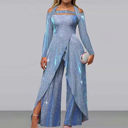 2023 New Fashion Sexy Sequin Long Dress with Diagonal Flap Mid Waist Temperament Commuter Jumpsuit