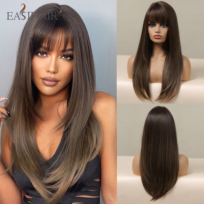 EASIHAIR Long Straight Synthetic Wigs for Women Ombre Brown Golden Blonde Middle Part Heat Resistant Cosplay Wig Natural Hair