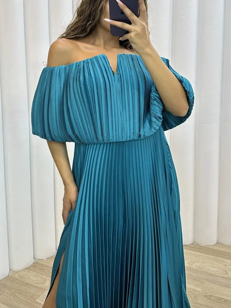 Yeezzi Solid Color Pleated A-line Long Dress Women 2024 New Summer Off-The-Shoulder Side-Slit Elegant Party Evening Maxi Dresses