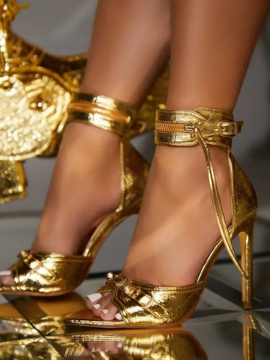 2023 Summer Sexy Women's Pointed Rivet Tassel Buckle Zipper Gold Silver Super High Heel Sandals Party Ball Shoes