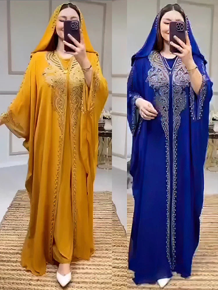 Eid Muslim Dress for Women Hooded Abaya 2 Piece Set Diamond Jalabiya Morocco Party Dresses Dubai Abayas Kaftan Vestido Long Robe