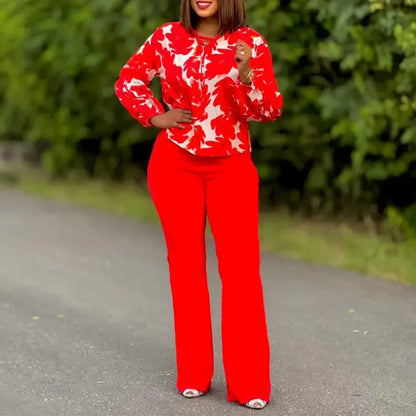 2024 African Clothes for Women Autumn Elegant Long Sleeve Print Polyester 2 Piece Top Long Pant Matching Sets Africa Clothing