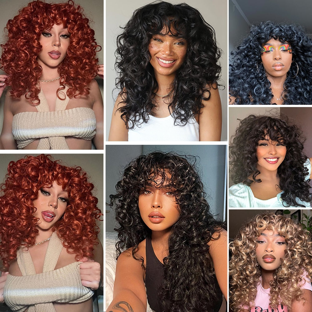 Black Curly Wig With Bangs Long Curly Afro Wigs for Women Synthetic Fiber Glueless Hair for Daily Use Party Halloween Cosplay