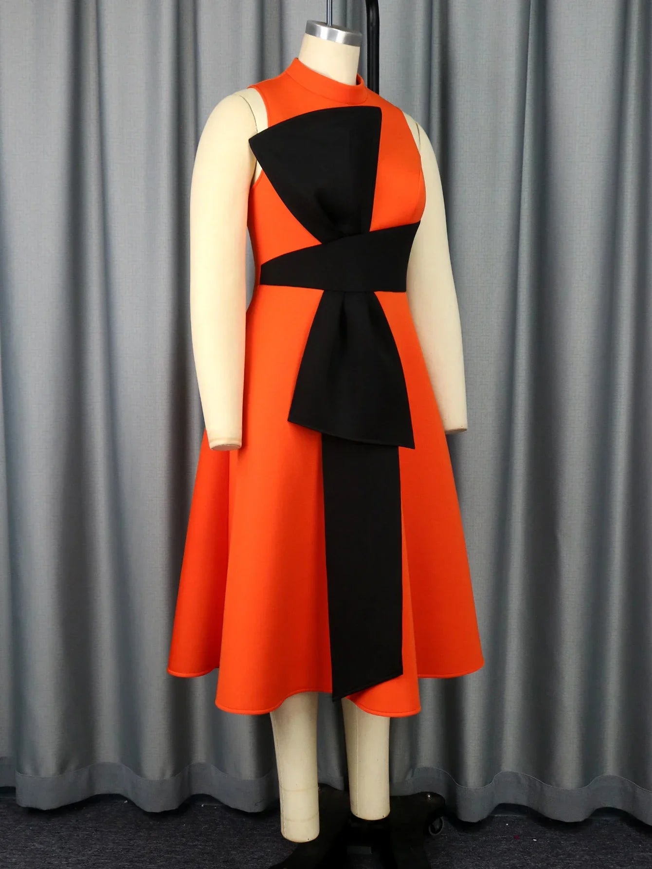 Elegant Dresses for Women Orange Stand Collar Sleeveless Big Bow High Waist A Line Stylish Celebrate Birthday Wedding Guest Gown