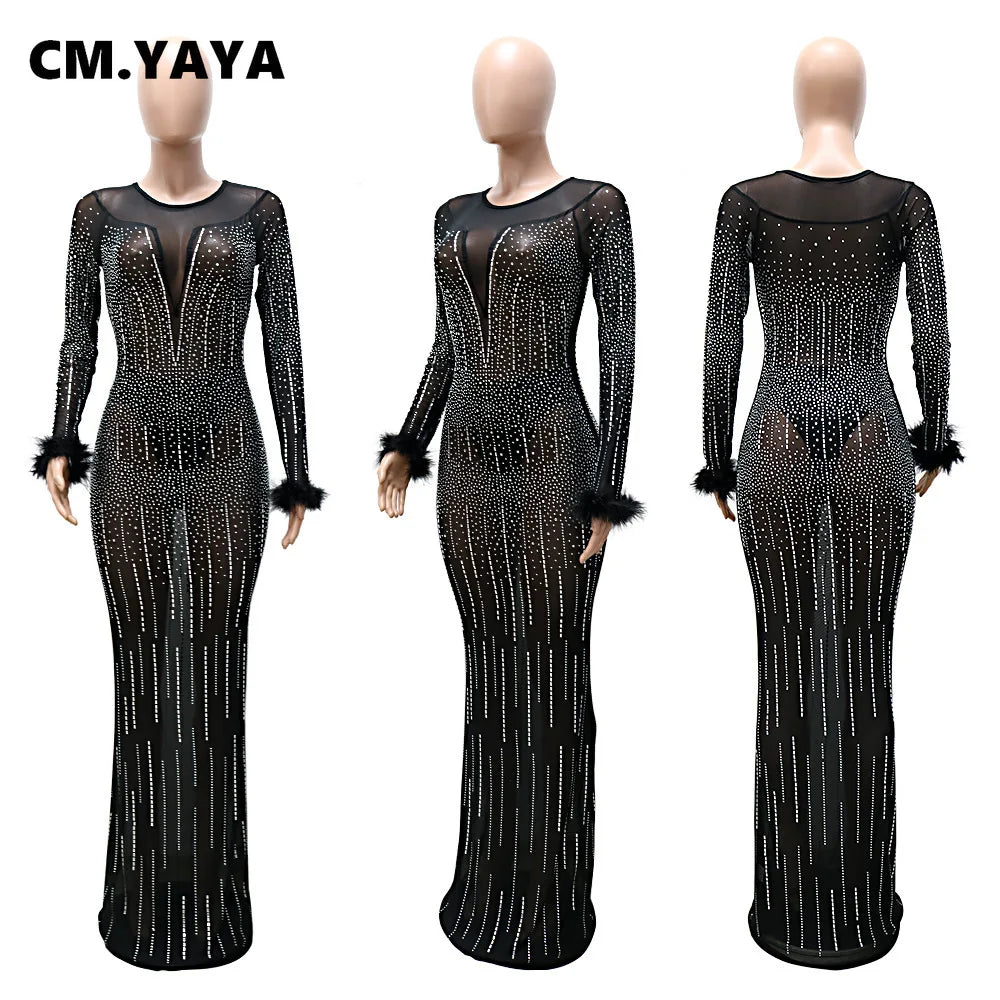 CM.YAYA Women Diamonds Hot Drill Mesh See Though Feather Long Sleeve Mermaid Maxi Dress Sexy Night Party Dresses Winter Spring