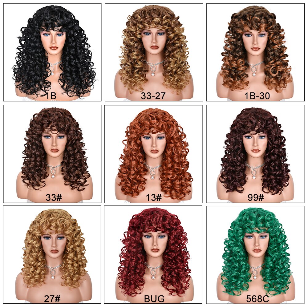 Black Curly Wig With Bangs Long Curly Afro Wigs for Women Synthetic Fiber Glueless Hair for Daily Use Party Halloween Cosplay