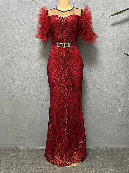 2024 Party Evening Dresses Long Luxury Gown African Short Sleeve Sequin Mermaid Dress Muslim Abayas Dashiki Africa Clothing