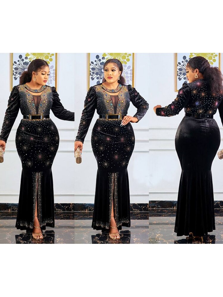 Maxi Dress Luxury Hot Diamonds Beaded Round Neck Long Sleeve Dress Gold Velvet Dress African Fashion Women 2022 New