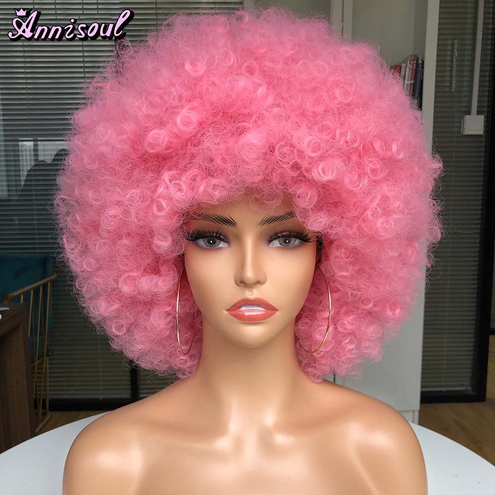 Short Synthetic Afro Wigs For Black Women African Black Pink Fluffy Soft Cosplay Natural Hair Afro Kinky Curly Wig With Bangs