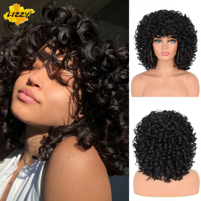 Lizzyhair Red Brown Copper Short Curly Synthetic Wigs for Black Women African Cosplay Natural Afro Wig with Bangs Heat Resistant