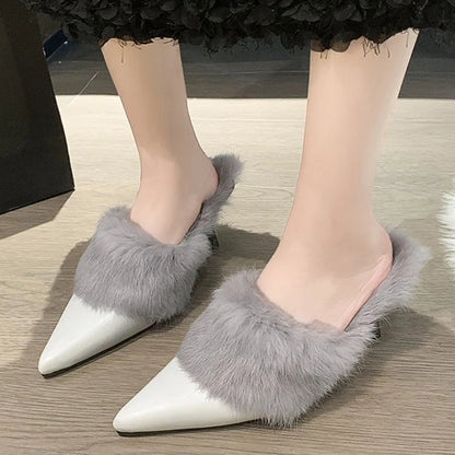 Fur Women Mid Heels Slippers Warm Pointed Toe Shoes 2023 Winter Trend New Plush Cotton Casual Flip Flops Pumps Bottine Femme