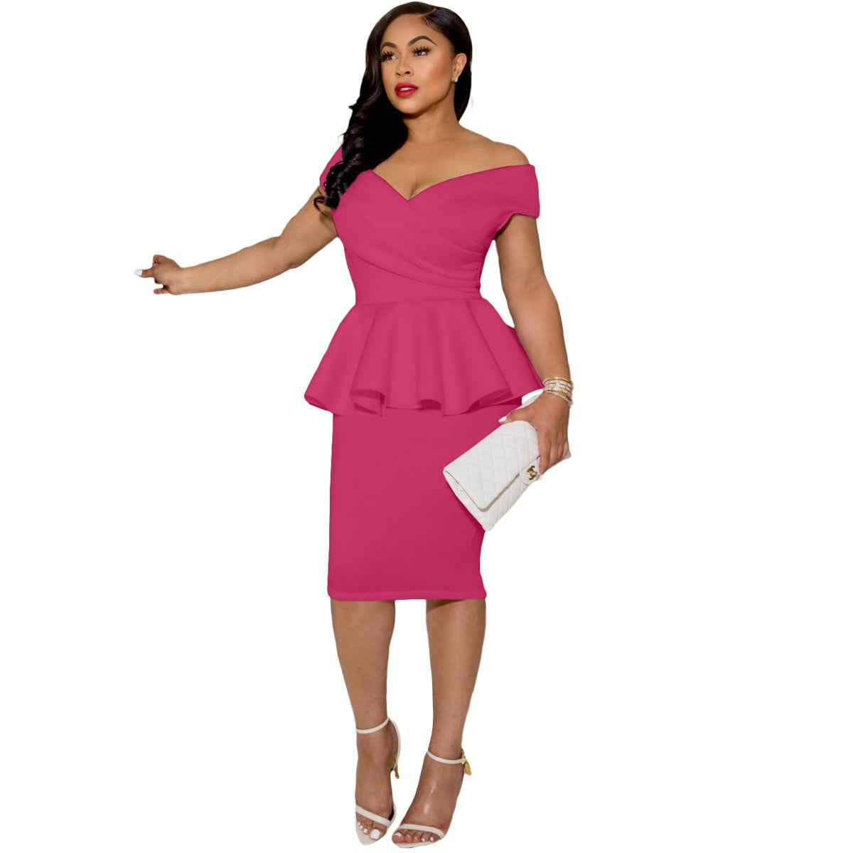 Ruffles Off-Shoulder Bodycon Dress Women Sexy Office Slim Knee-length Dress Ladies Elegant Party Midi Dress Female Work Wear