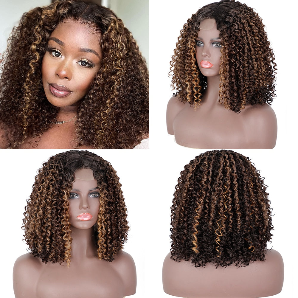 Deep Wavy Curly Bob Synthetic Wig Highlight Afro Kinky Cosplay Wigs for Women Ombre Red Brown Mixed Black Hair for Halloween Use