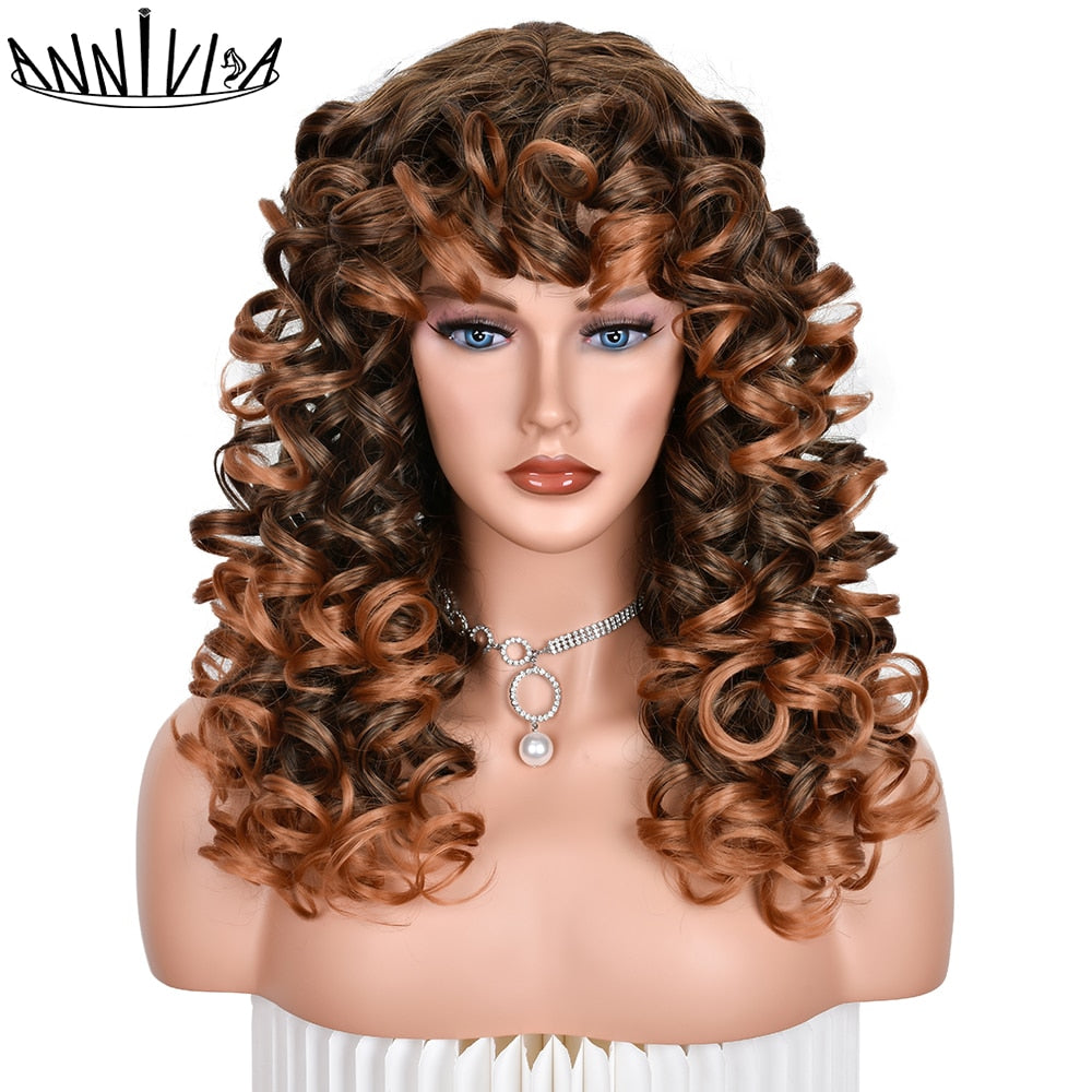 Black Curly Wig With Bangs Long Curly Afro Wigs for Women Synthetic Fiber Glueless Hair for Daily Use Party Halloween Cosplay