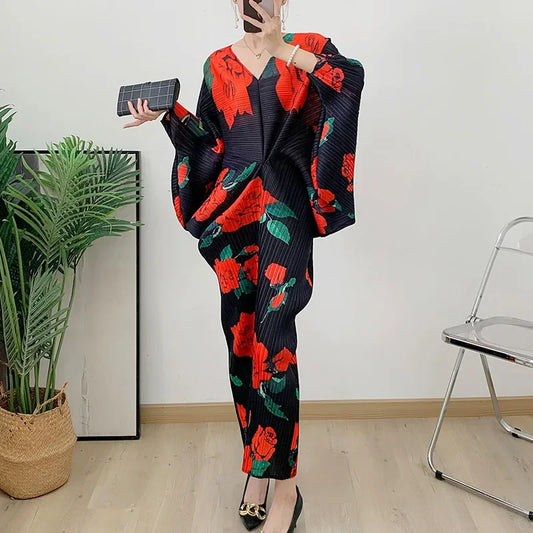 Pleats Pleated Bat-sleeve Dress Women 2024 Fall Fashionable Loose Printed V-neck Vacation Long Dress Plus Size Women Clothing