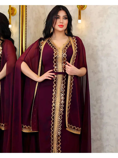 Elegant Muslim Abaya for Women Dress 2 Piece Set Chiffon Cloak Caftan Indian Party Dresses Sequins Kinono Robe Vestidos Abayas