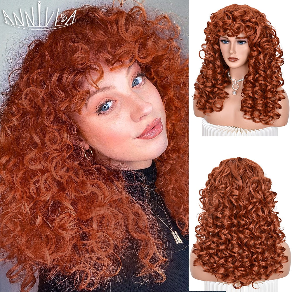 Black Curly Wig With Bangs Long Curly Afro Wigs for Women Synthetic Fiber Glueless Hair for Daily Use Party Halloween Cosplay