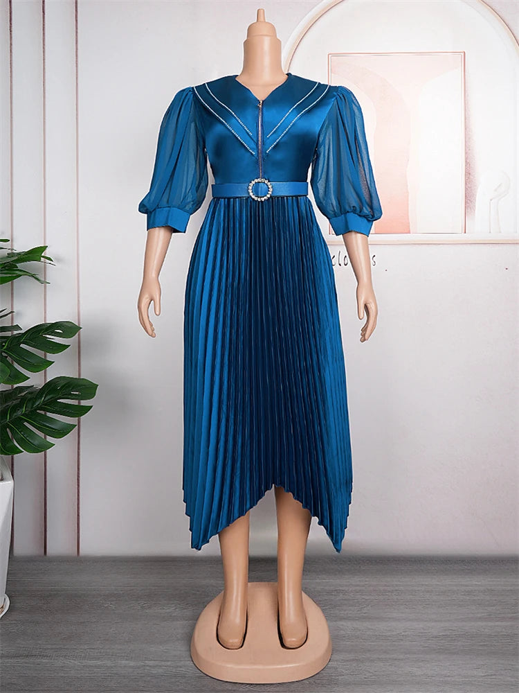 2023 Autumn Pleated Dresses For Women African Turkey Maxi Robe Dashiki Outfits Office Ladies Elegant Robe Party Evening Dress