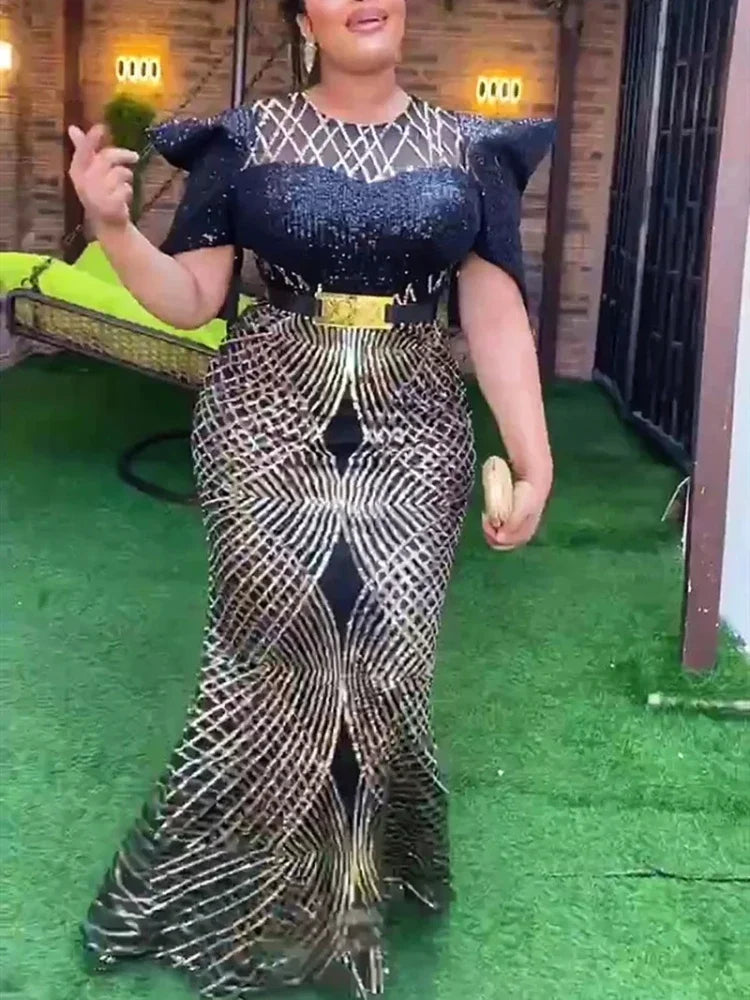 Plus Size African Party Dresses for Women Dashiki Ankara Sequin Wedding Evening Gown Sexy Bodycon Maxi Robe Africa Clothing 2024