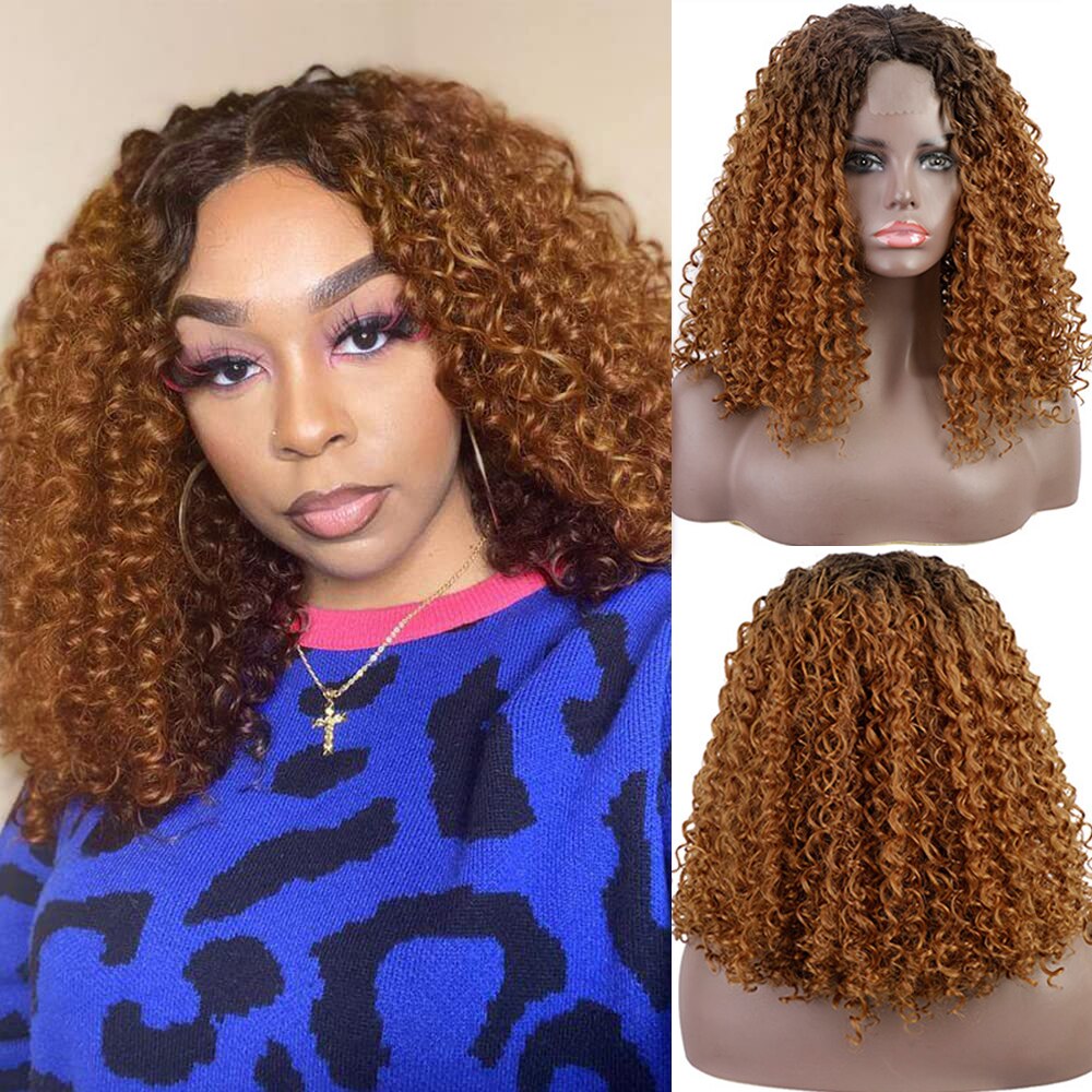 Deep Wavy Curly Bob Synthetic Wig Highlight Afro Kinky Cosplay Wigs for Women Ombre Red Brown Mixed Black Hair for Halloween Use