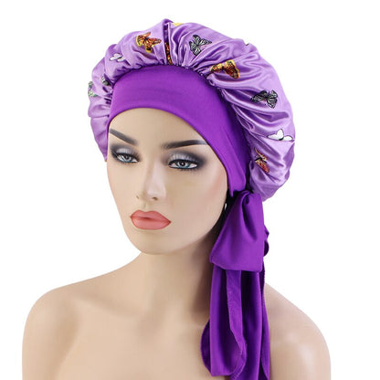 Extra Large Satin Sleeping Cap Hair Bonnet For Women African Pattern Ankara Print Long Tail Bonnets Wide Stretchy Band Hat