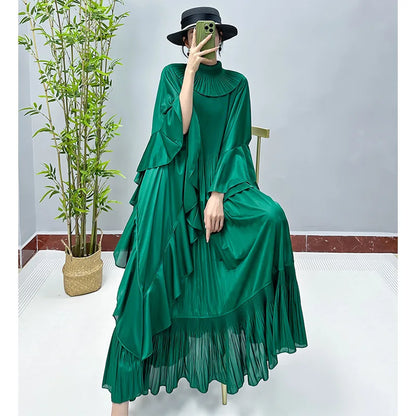 Miyake Dress Women's Clothing 2023 Autumn New Elegant Style Age Reducing High end Lotus Leaf Sleeves Mid length Evening Dresses