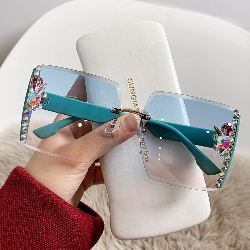 2022 High Quality Rimless Square Diamond Sunglasses Women Brand Designer Vintage Shades Female Pink Eyewear Gafas De Sol